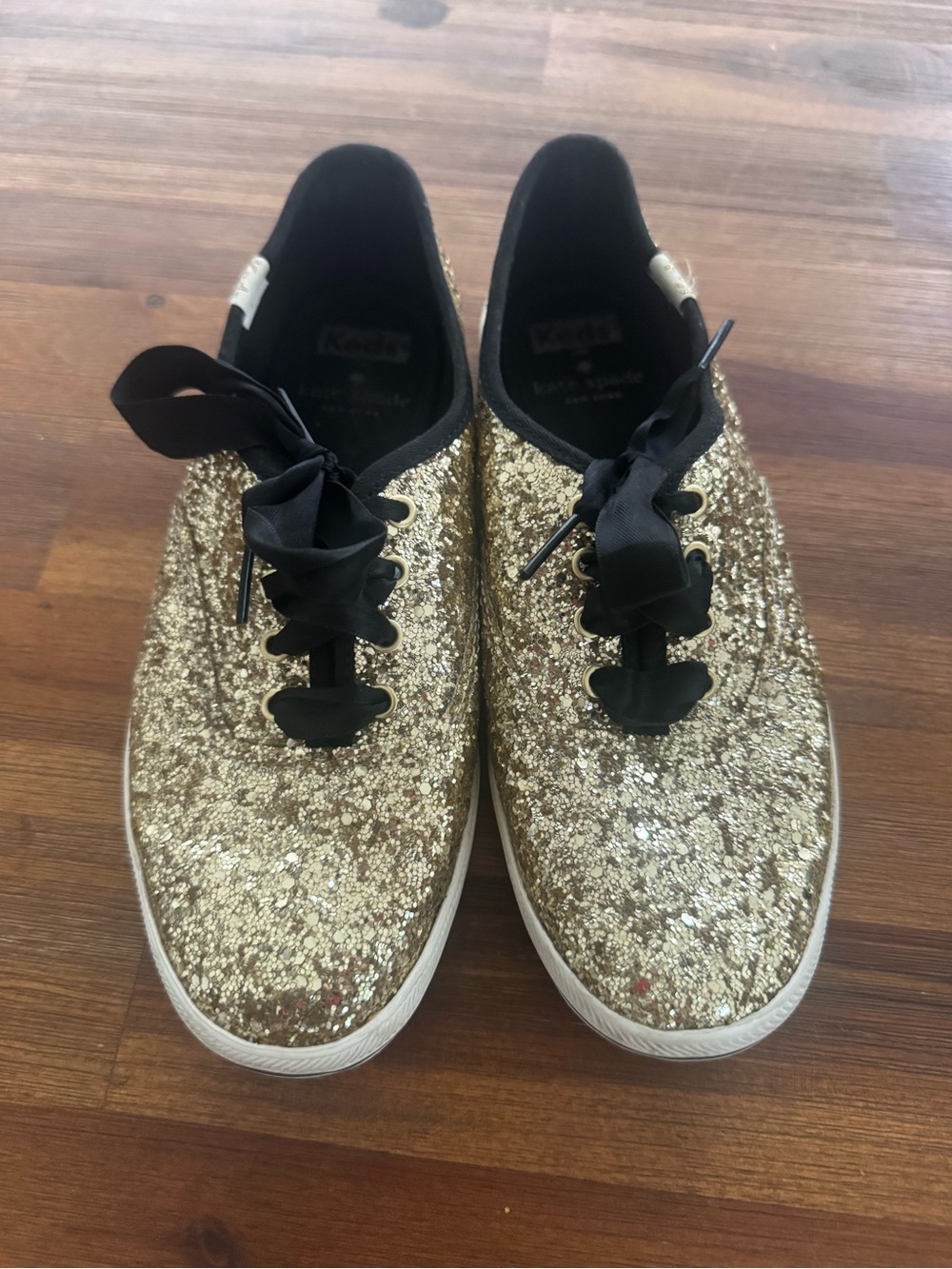 Kate Spade Keds Women's Gold Glitter Lace-Up Sneakers with Black Ribbon